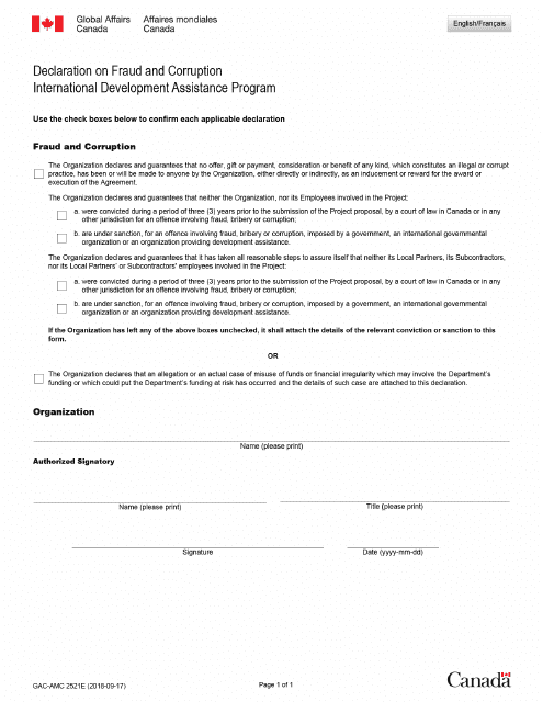 Form GAC-AMC2521 E Declaration on Fraud and Corruption - Canada
