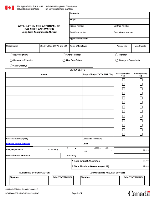 Form DFATD-MAECD2524 E Application for Approval of Salaries and Wages - Long-Term Assignments Abroad - Canada