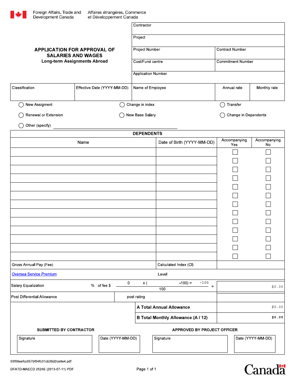 Form DFATD-MAECD2524 E Application for Approval of Salaries and Wages - Long-Term Assignments Abroad - Canada, Page 1