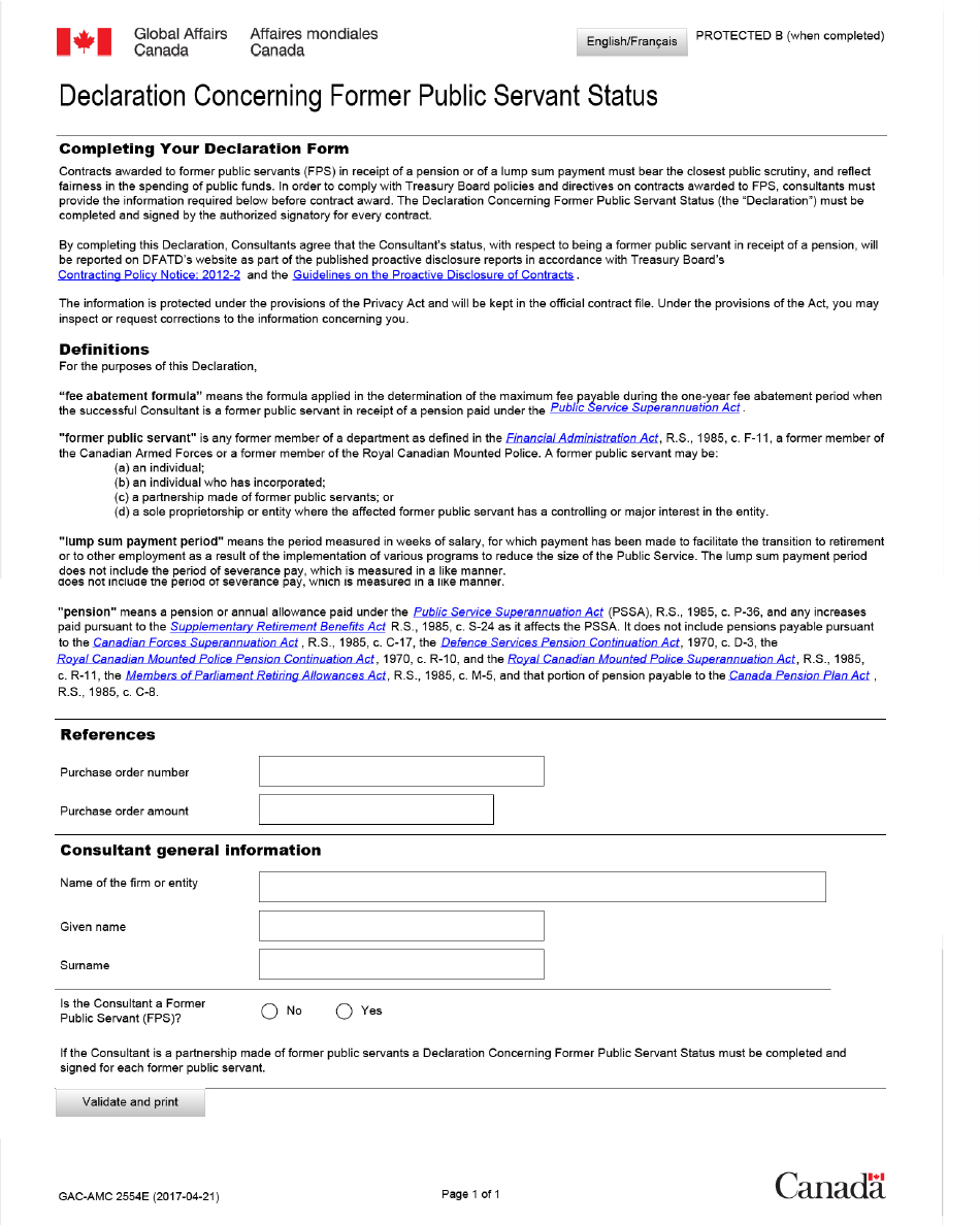 Form GAC-AMC2554 E Declaration Concerning Former Public Servant Status - Canada, Page 1