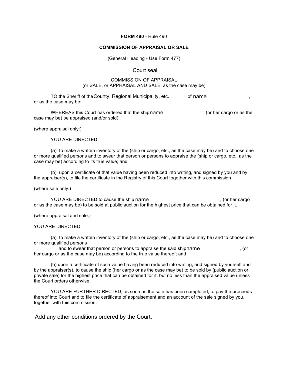 Form 490 Commission of Appraisal or Sale - Canada, Page 1