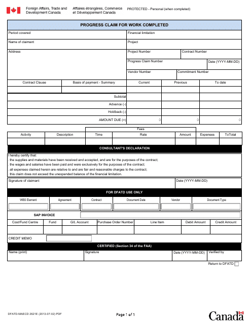 Form DFATD-MAECD2621 E Progress Claim for Work Completed - Canada