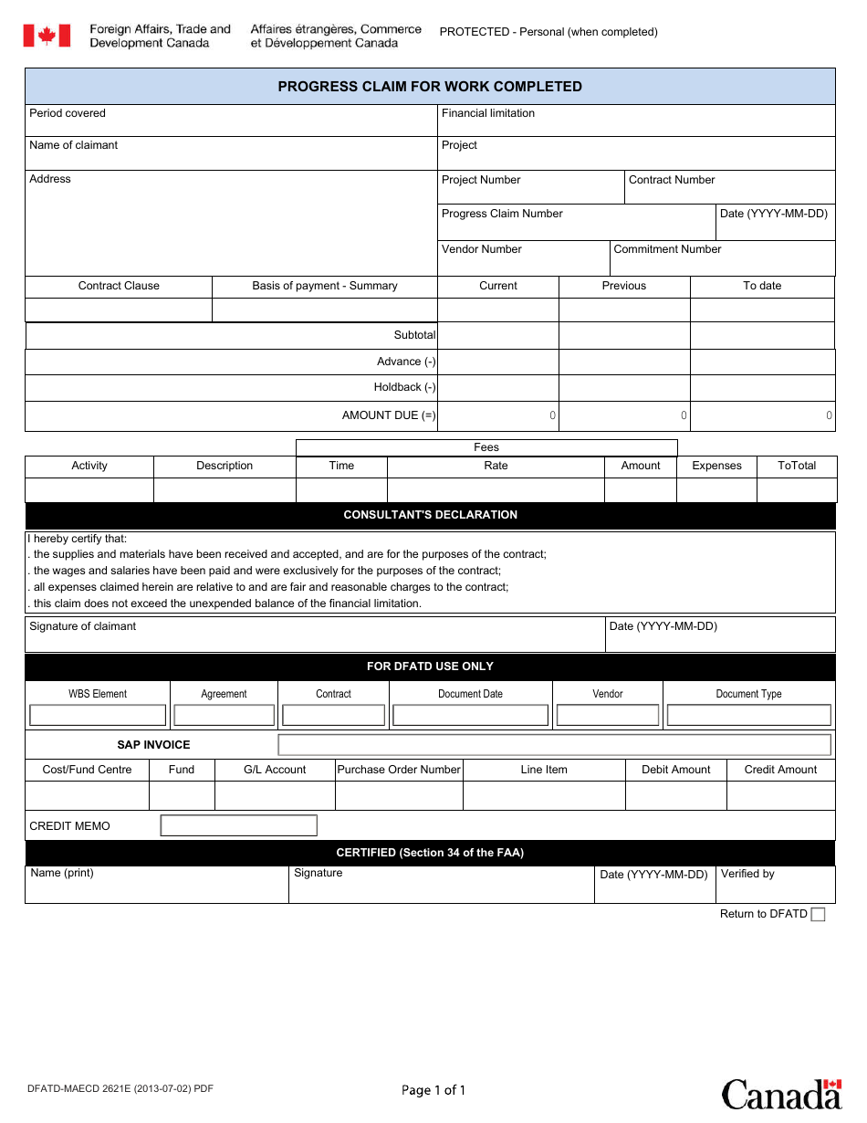 Form DFATD-MAECD2621 E Progress Claim for Work Completed - Canada, Page 1