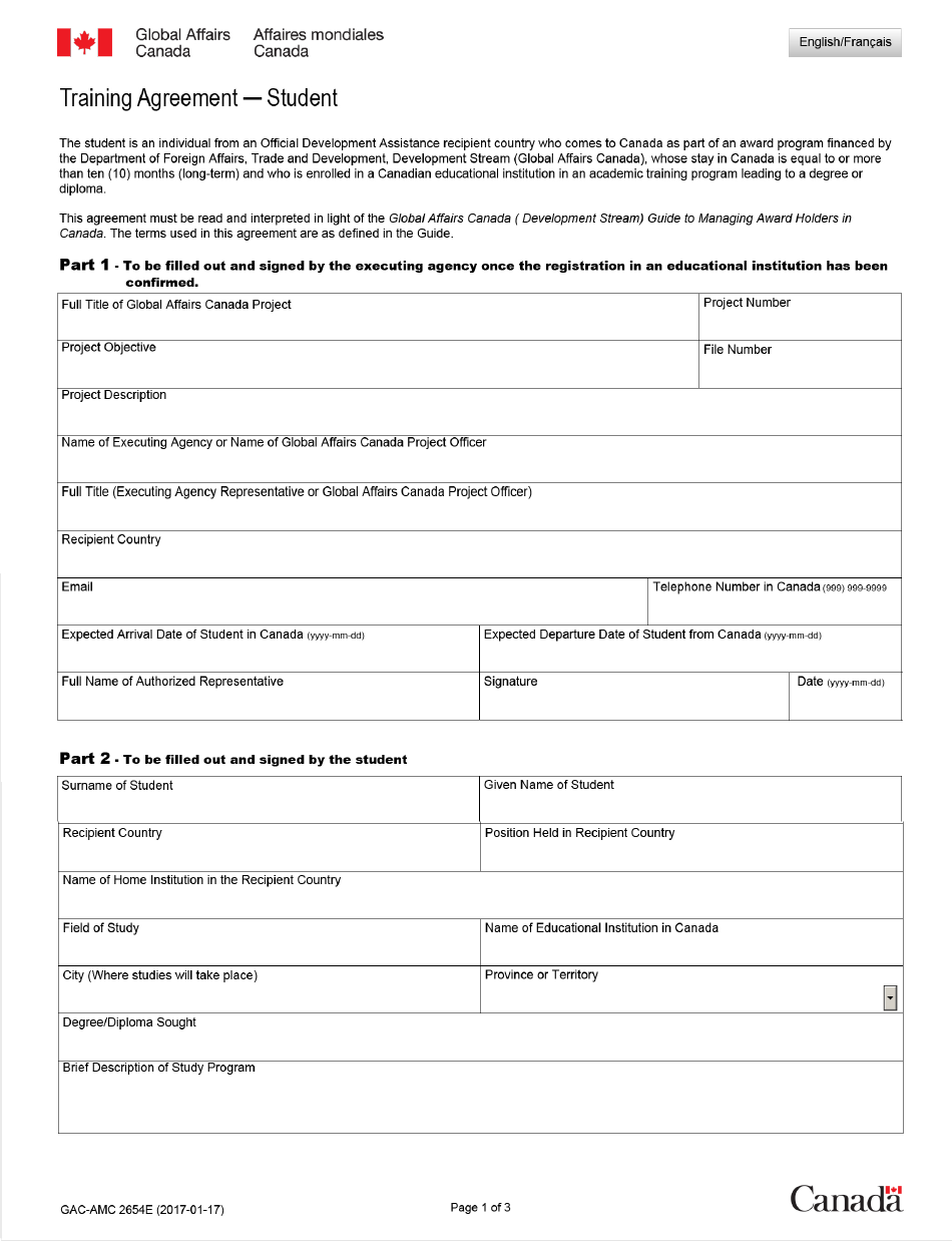 Form GAC-AMC2654 E Training Agreement - Student - Canada, Page 1
