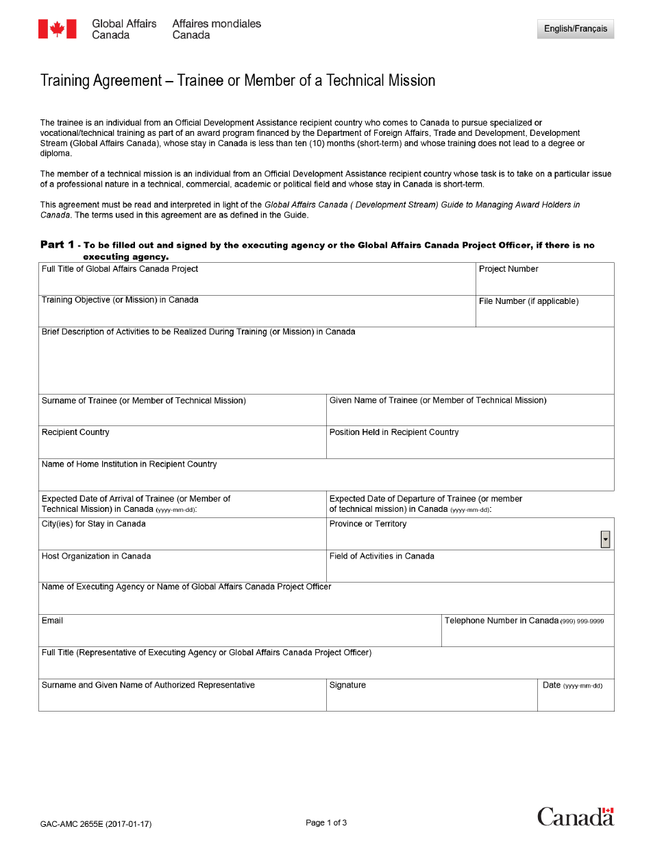 Form GAC-AMC2655 E Training Agreement - Trainee or Member of a Technical Mission - Canada, Page 1