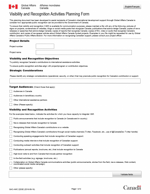 Form GAC-AMC2203 E Visibility and Recognition Activities Planning Form - Canada