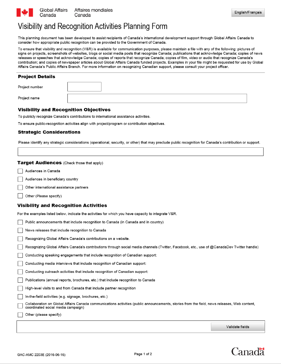 Form GAC-AMC2203 E Visibility and Recognition Activities Planning Form - Canada, Page 1
