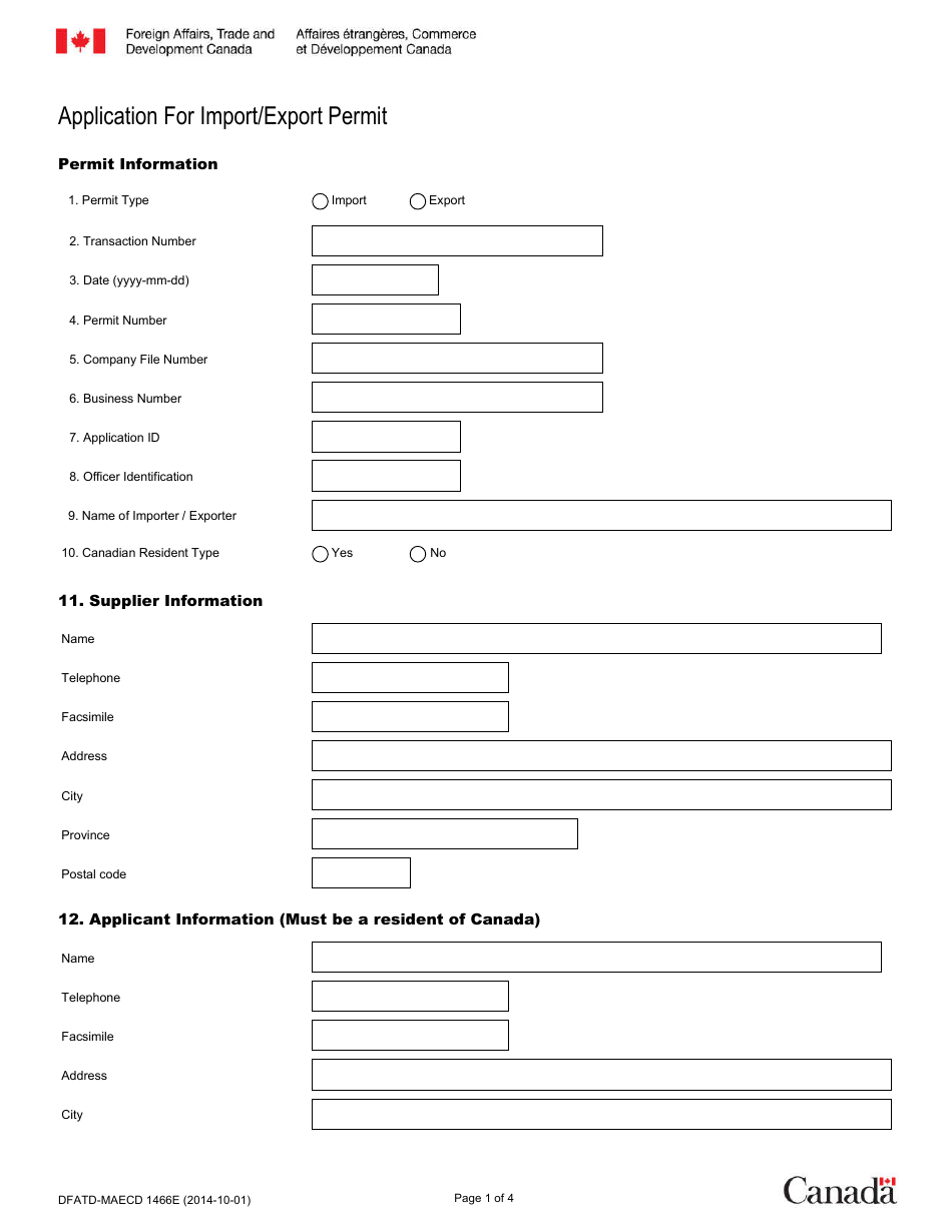 Form DFATD-MAECD1466 E Application for Import / Export Permit - Canada (English / French), Page 1