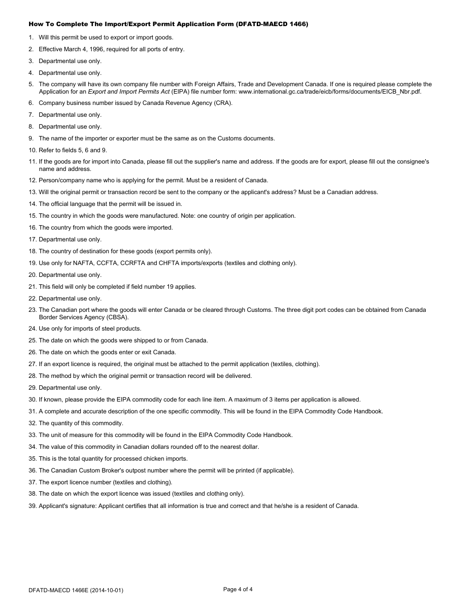 Form DFATD-MAECD1466 E Application for Import / Export Permit - Canada (English / French), Page 4