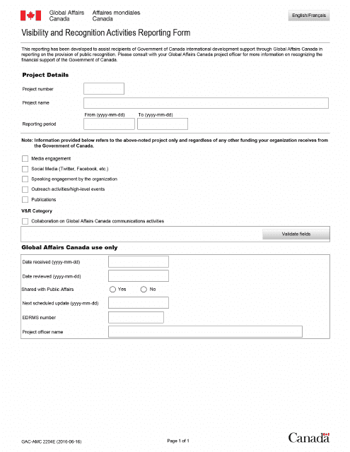 Form GAC-AMC2204 E Visibility and Recognition Activities Reporting Form - Canada