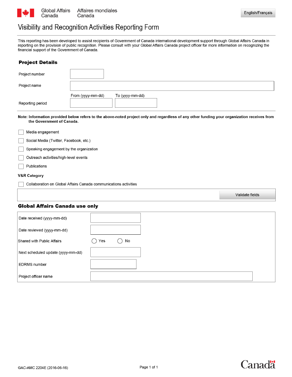 Form GAC-AMC2204 E Visibility and Recognition Activities Reporting Form - Canada, Page 1