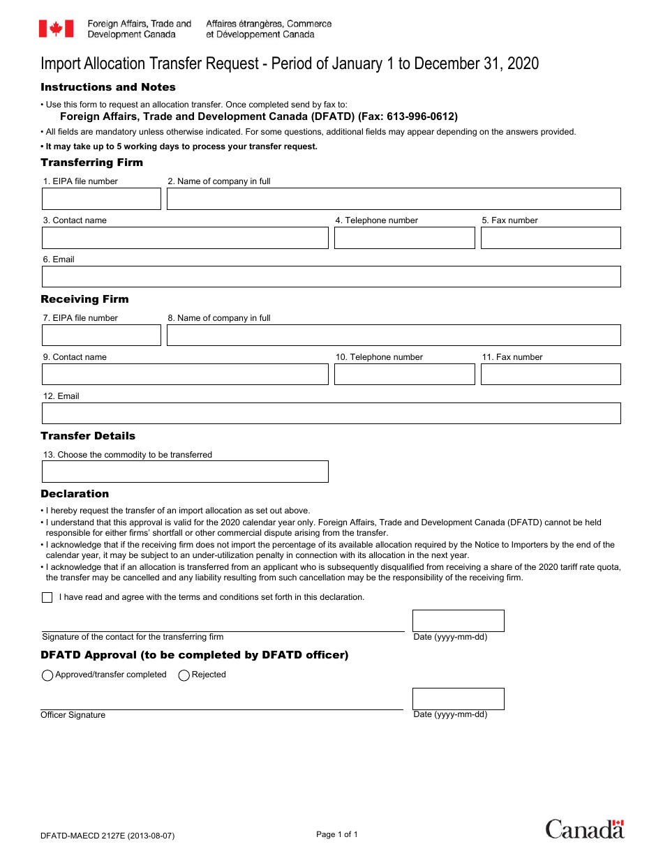 Form DFATD-MAECD2127 E Request for Transfer of an Import Allocation - Canada (English / French), Page 1