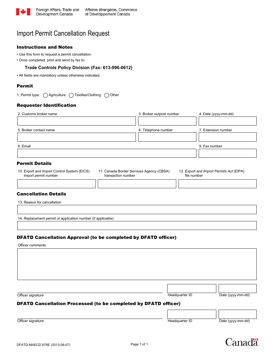 Form DFATD-MAECD876 E Import Permit Cancellation Request - Canada (English / French), Page 1