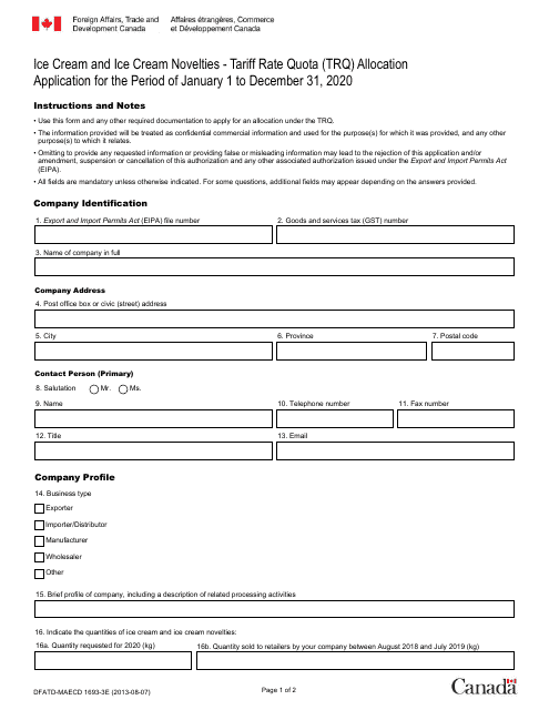 Form DFATD-MAECD1693-3 E Application for a Share of the ICE Cream and ICE Cream Novelties Trq - Canada (English/French), 2020