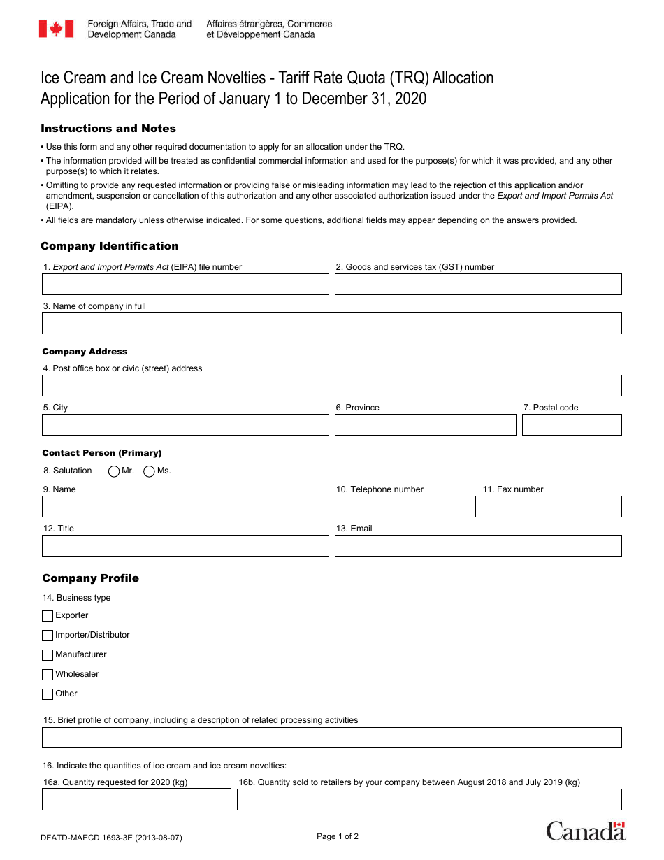 Form DFATD-MAECD1693-3 E Application for a Share of the ICE Cream and ICE Cream Novelties Trq - Canada (English / French), Page 1