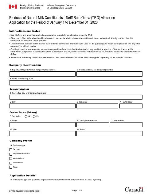 Form DFATD-MAECD1693 E Application for a Share of the Products of Natural Milk Constituents Trq - Canada (English/French), 2020