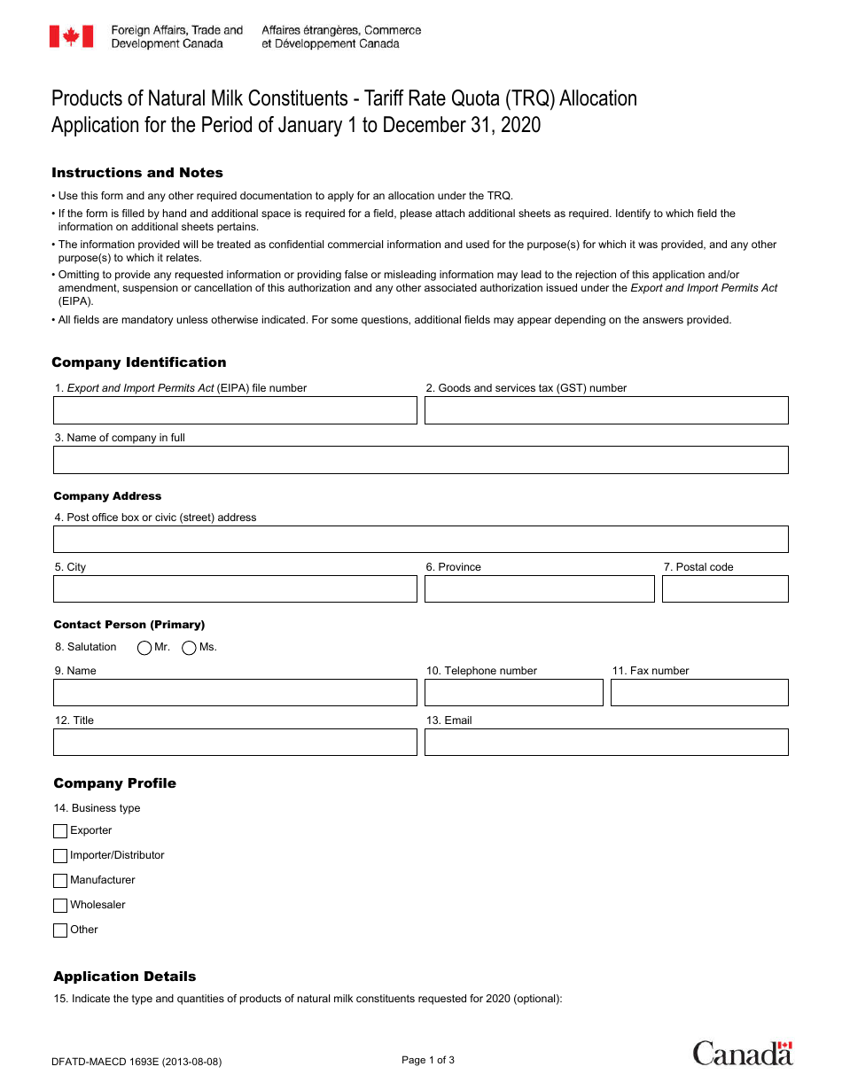 Form DFATD-MAECD1693 E Application for a Share of the Products of Natural Milk Constituents Trq - Canada (English / French), Page 1