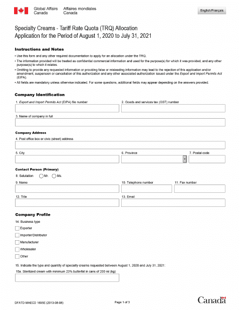 Form DFATD-MAECD1695E Application Form for Import Quota Shares of Specialty Creams Trq - Canada (English/French), 2021