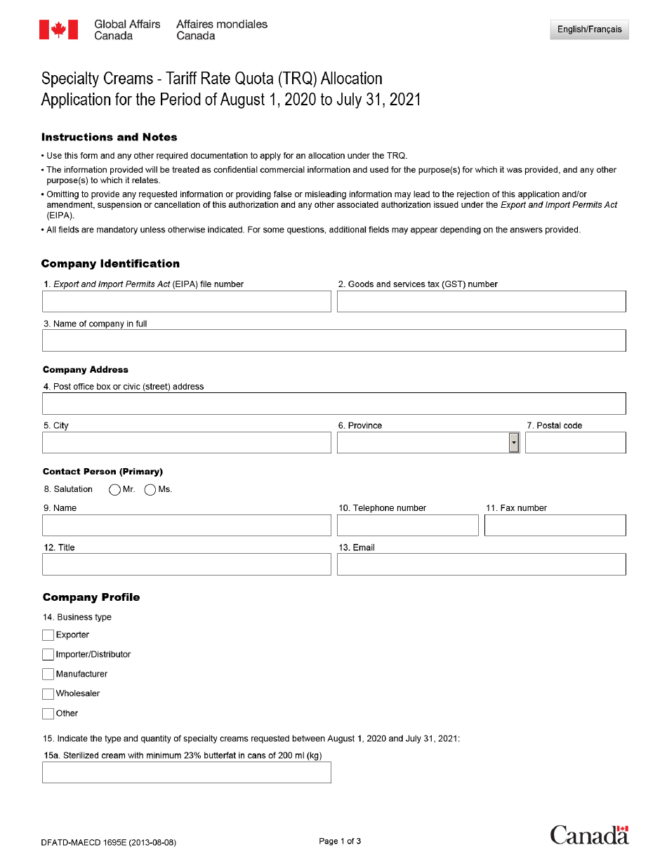 Form DFATD-MAECD1695E Application Form for Import Quota Shares of Specialty Creams Trq - Canada (English / French), Page 1