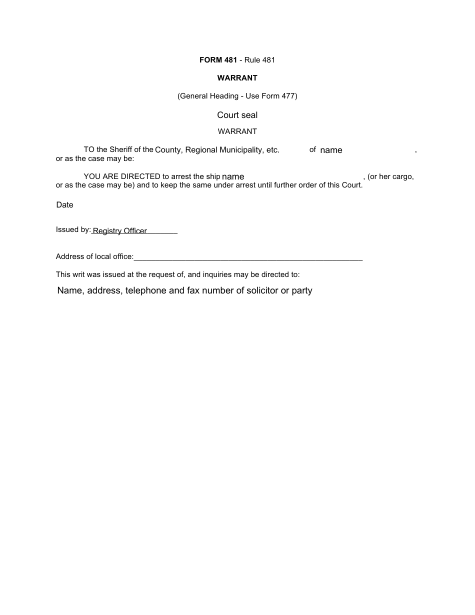 Form 481 Warrant - Canada, Page 1