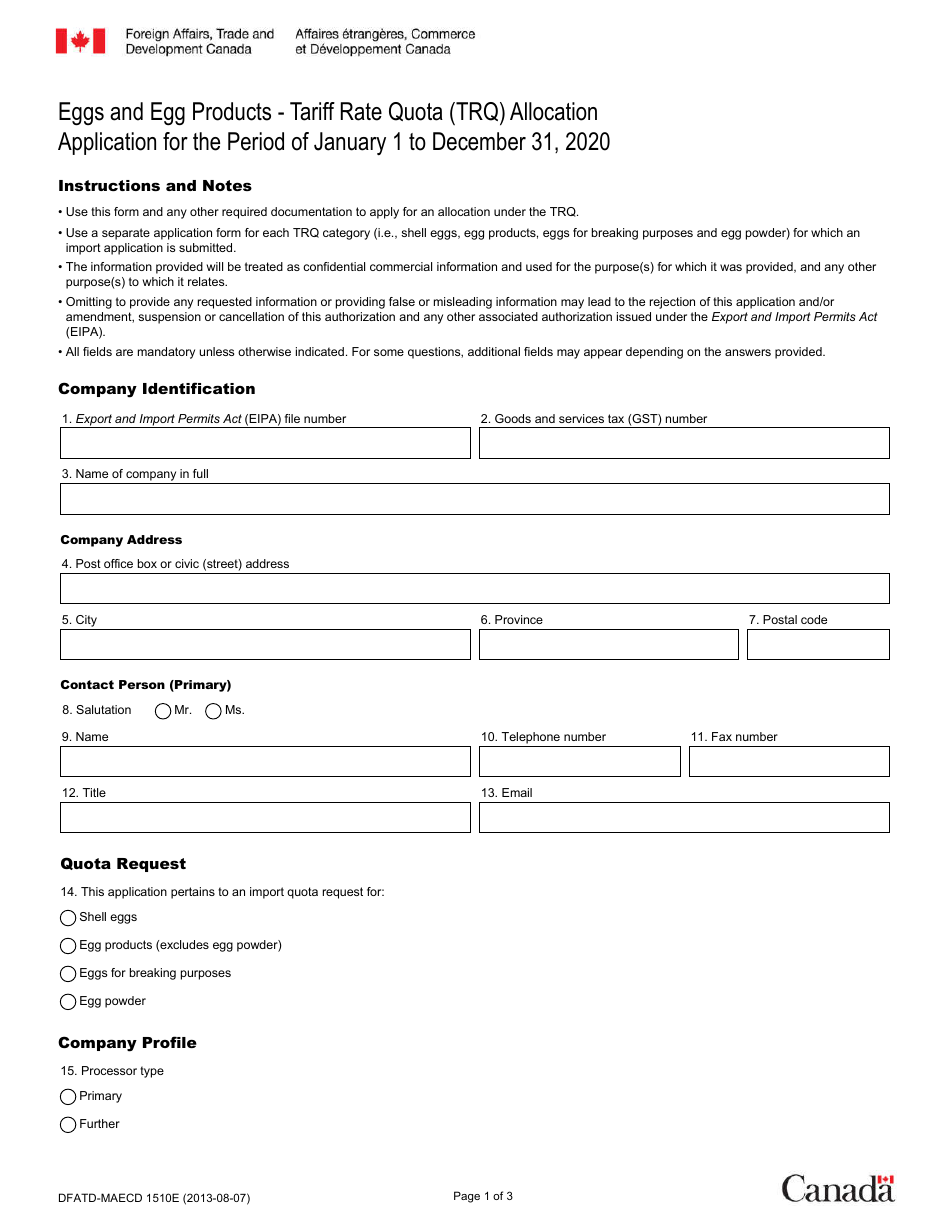 Form DFATD-MAECD1510E Application Form for a Share of the Eggs and Egg Products Trq - Canada (English / French), Page 1