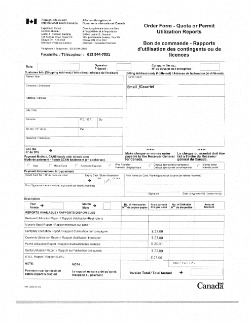 Form 1731 Order Form - Quota or Permit Utilization Reports - Canada (English/French)