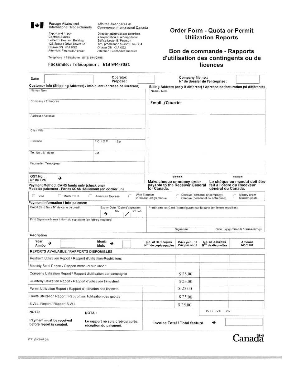 Form 1731 Order Form - Quota or Permit Utilization Reports - Canada (English / French), Page 1