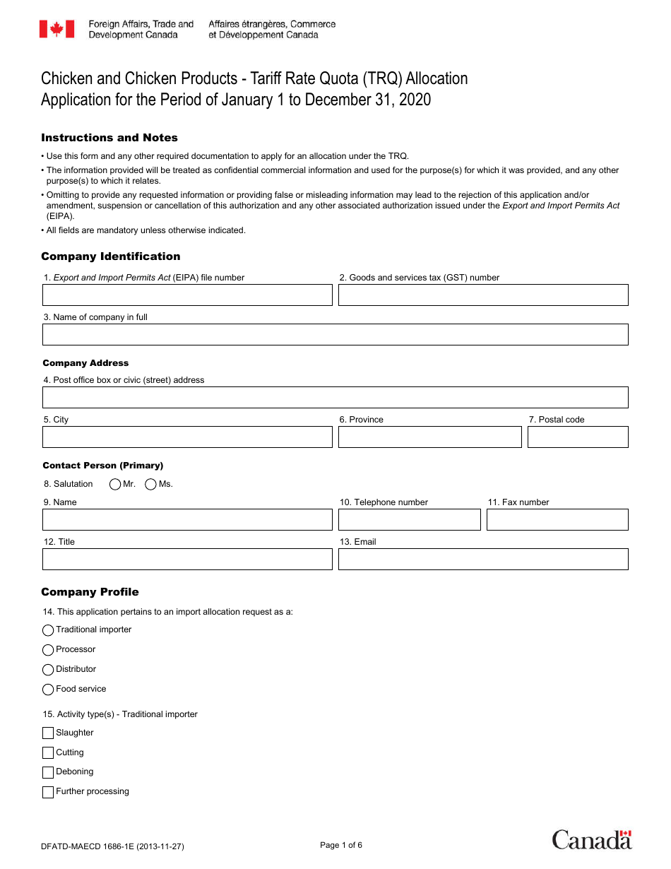 Form DFATD-MAECD1686-1E Application for a Share of the Chicken Trq - Canada (English / French), Page 1