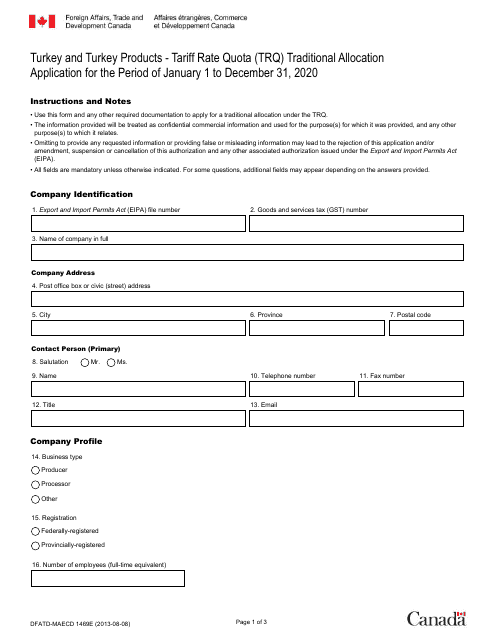 Form DFATD-MAECD1469E Application for a Share of the Turkey Trq - Canada (English/French), 2020
