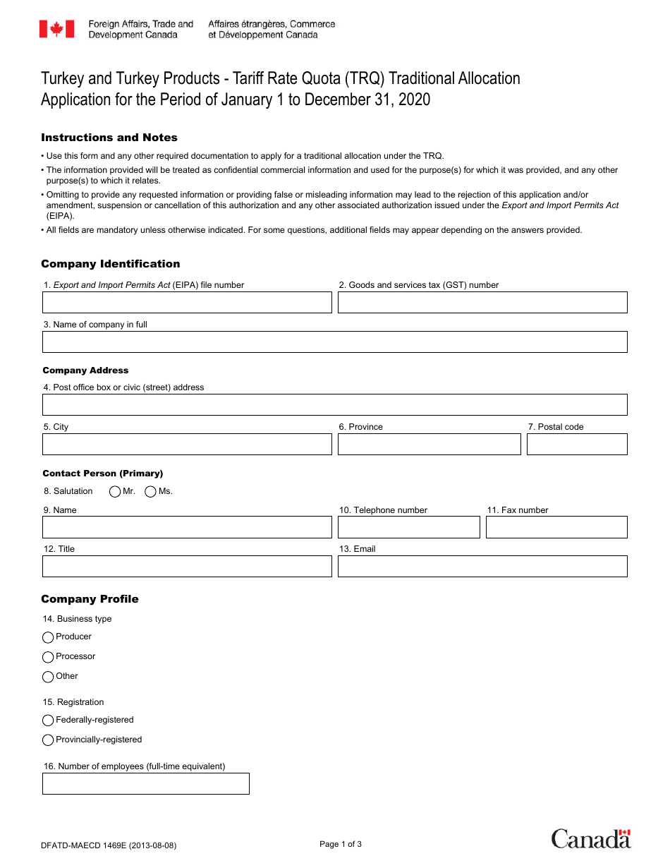 Form DFATD-MAECD1469E Application for a Share of the Turkey Trq - Canada (English / French), Page 1