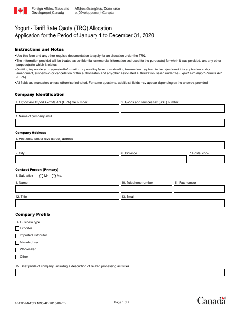 Form DFATD-MAECD1693-4E Application Form for a Share of the Yogurt Trq - Canada (English/French), 2020