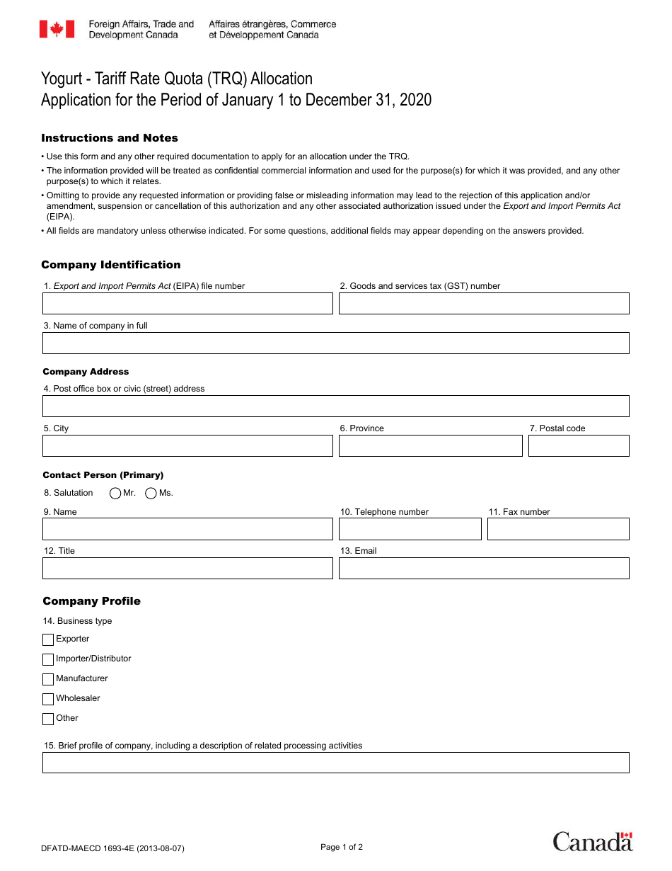 Form DFATD-MAECD1693-4E Application Form for a Share of the Yogurt Trq - Canada (English / French), Page 1