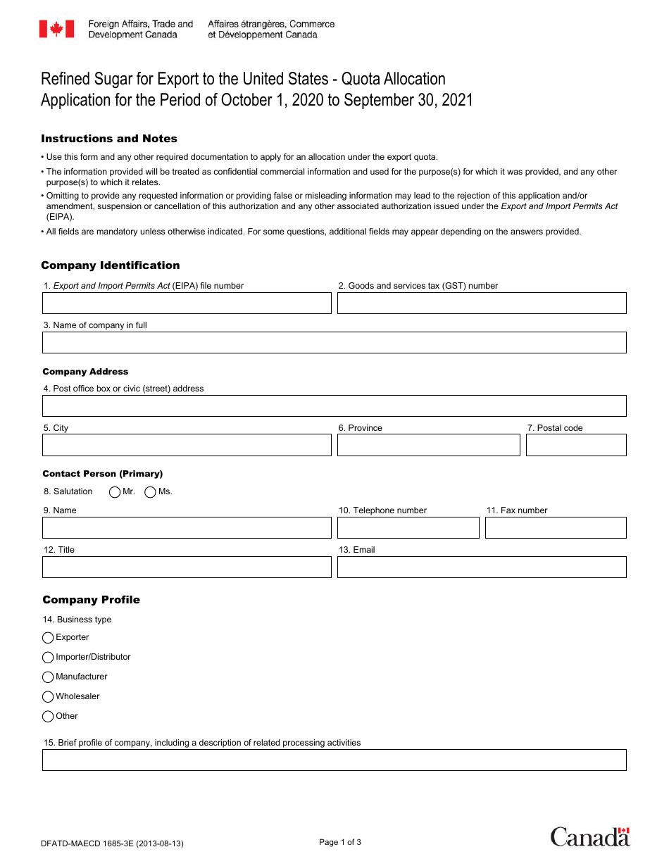 Form DFATD-MAECD1685-3E Application Form for Refined Sugar Allocation Holders to Apply for a Share of the Sugar Export Quota - Canada (English / French), Page 1