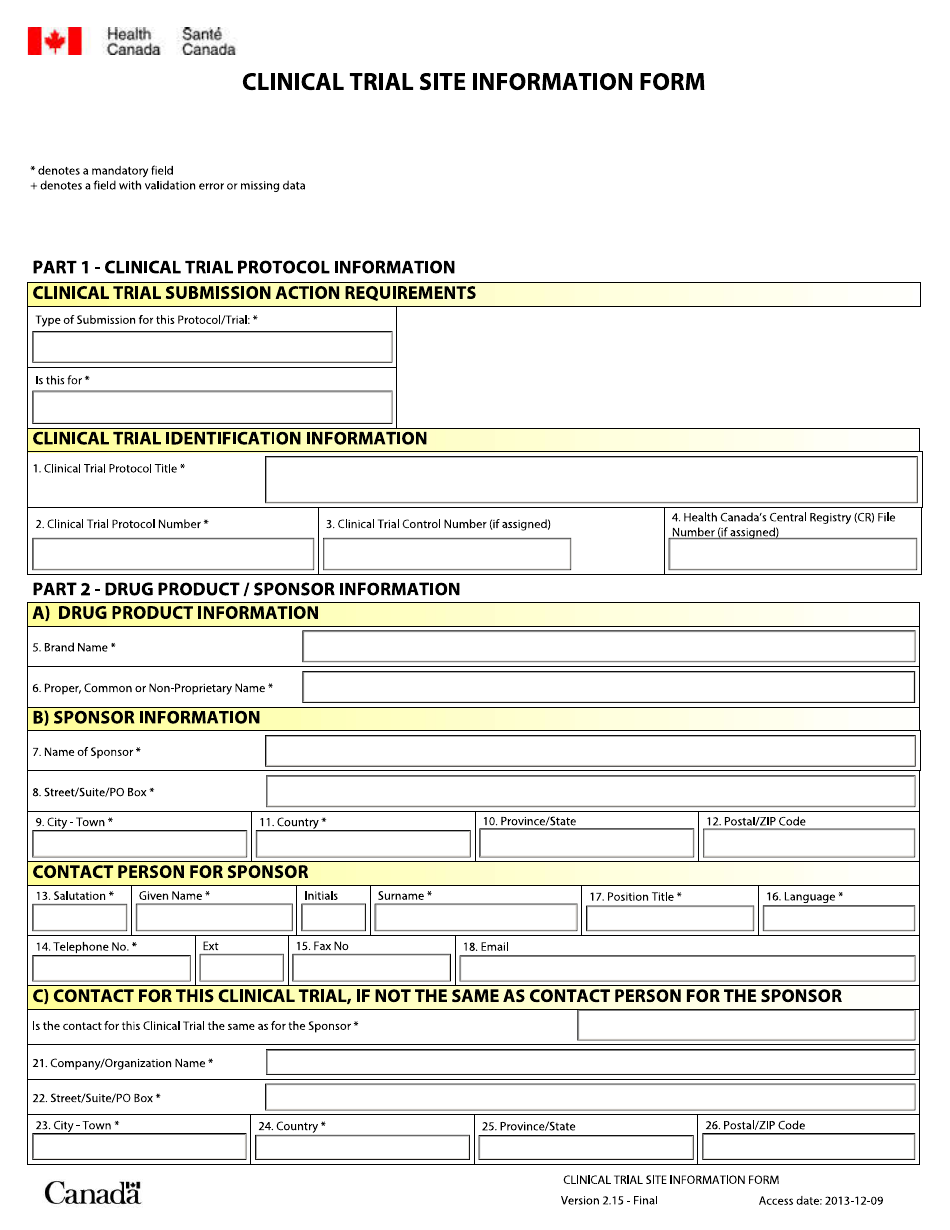 Clinical Trial Site Information Form - Canada (English / French), Page 1