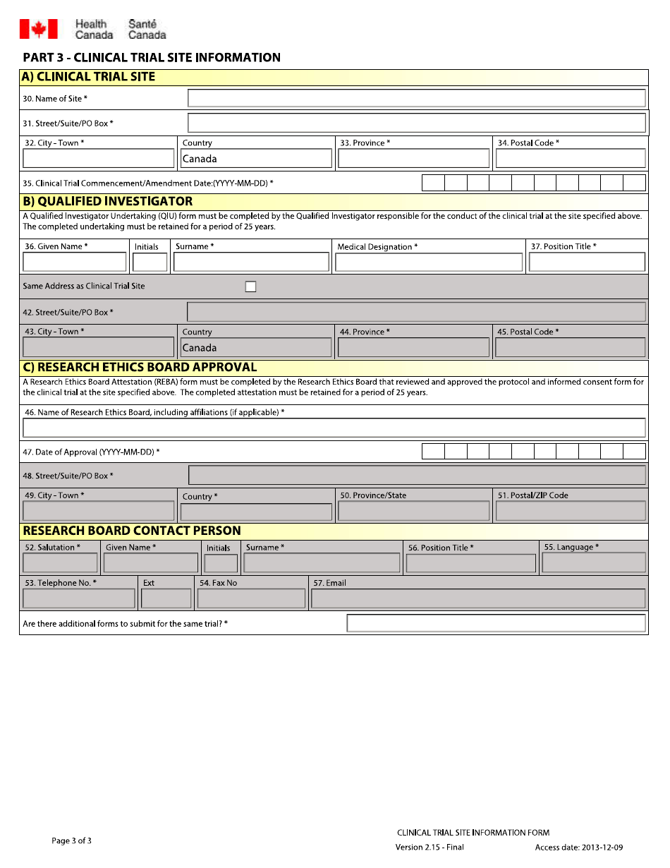 Clinical Trial Site Information Form - Canada (English / French), Page 3