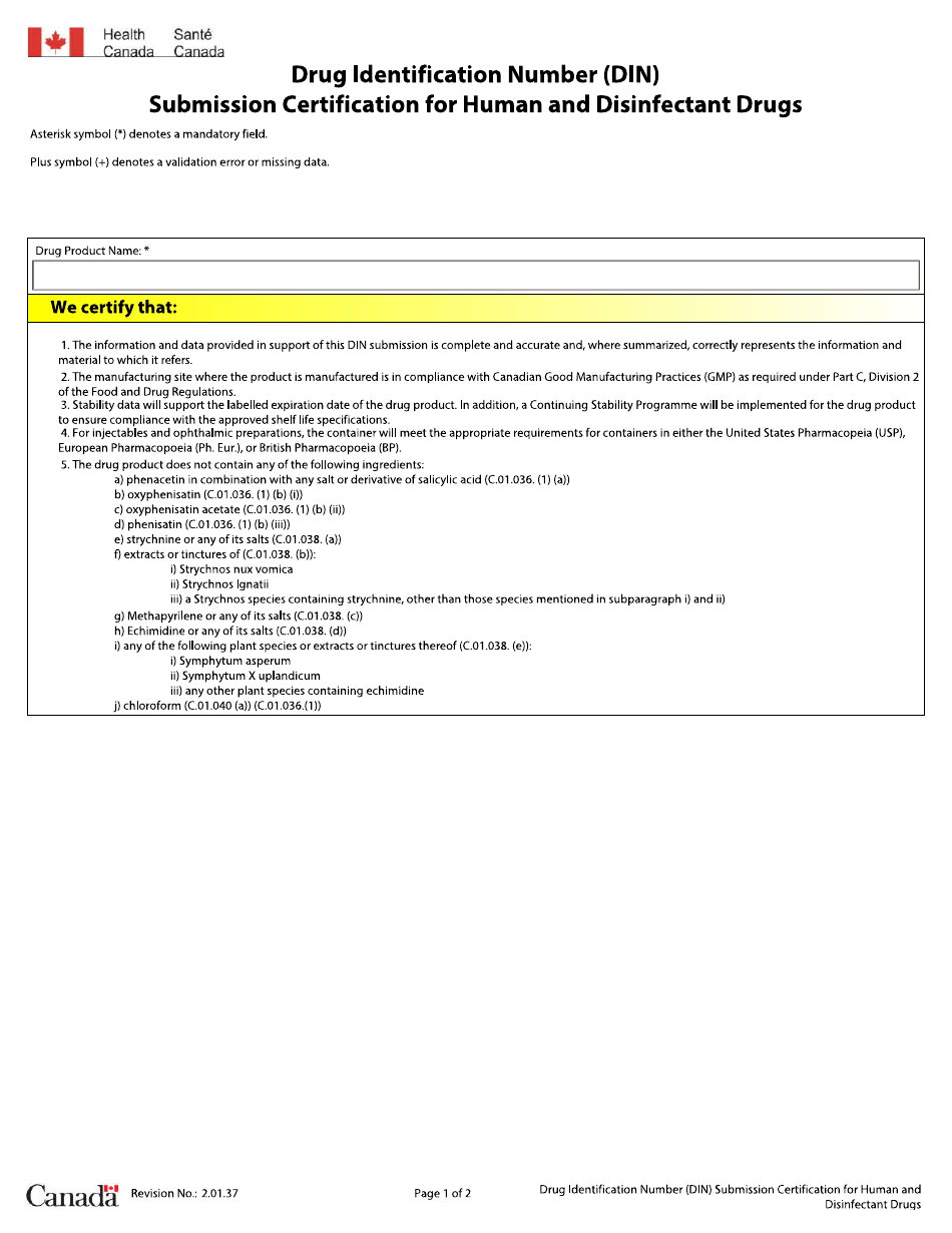 Submission Certification for Human and Disinfectant Drugs - Canada, Page 1