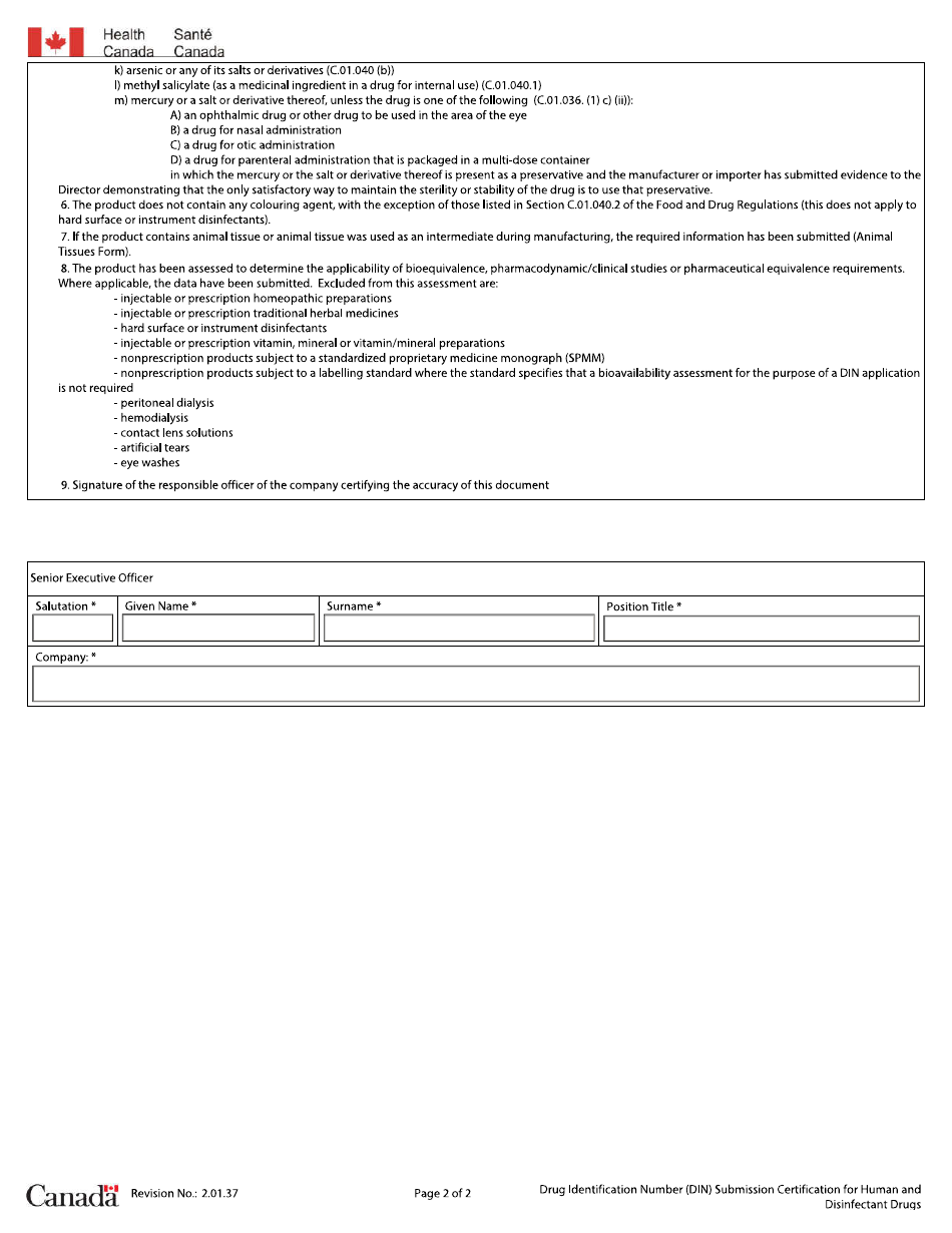 Submission Certification for Human and Disinfectant Drugs - Canada, Page 2