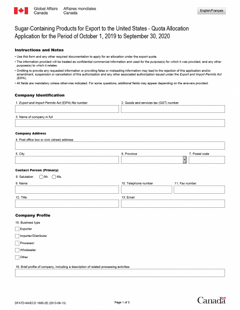 Form DFATD-MAECD1685-2E Application Form for Sugar-Containing Products Allocation Holders to Retain Their Share of the Sugar-Containing Products Trq - Canada (English/French)