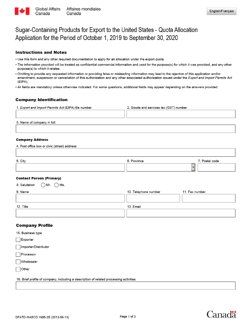 Form DFATD-MAECD1685-2E Application Form for Sugar-Containing Products Allocation Holders to Retain Their Share of the Sugar-Containing Products Trq - Canada (English / French), Page 1