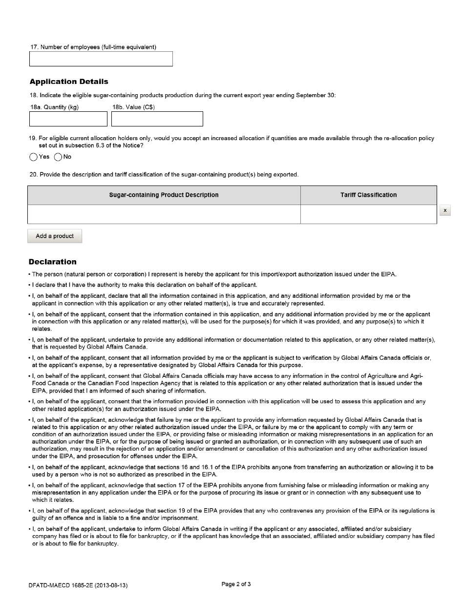 Form DFATD-MAECD1685-2E Application Form for Sugar-Containing Products Allocation Holders to Retain Their Share of the Sugar-Containing Products Trq - Canada (English / French), Page 2