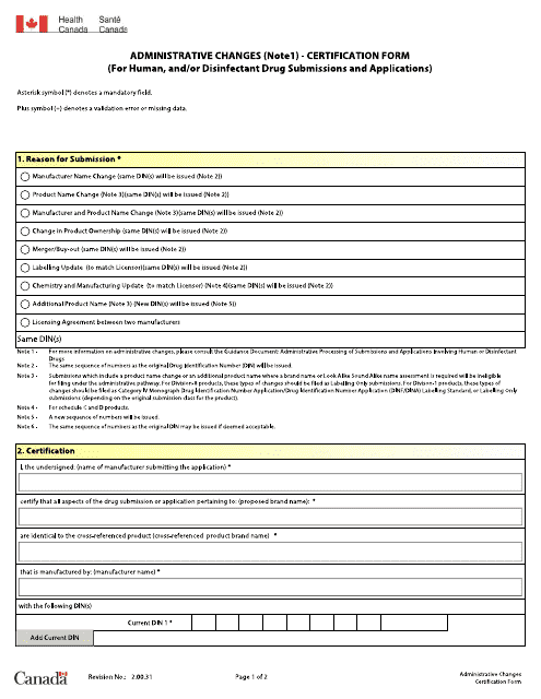 Administrative Changes - Certification Form for Human and / or Disinfectant Drug Submissions and Applications - Canada Download Pdf