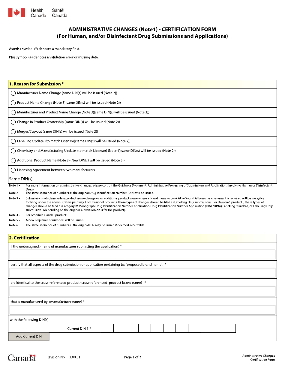 Administrative Changes - Certification Form for Human and / or Disinfectant Drug Submissions and Applications - Canada, Page 1
