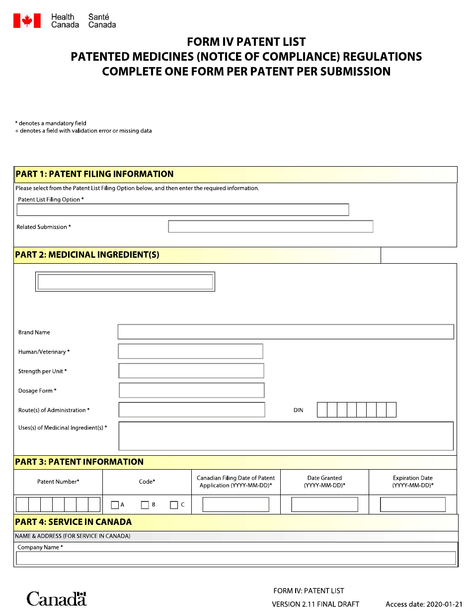 Form IV Patent List - Patented Medicines (Notice of Compliance) Regulations - Canada (English / French), Page 1