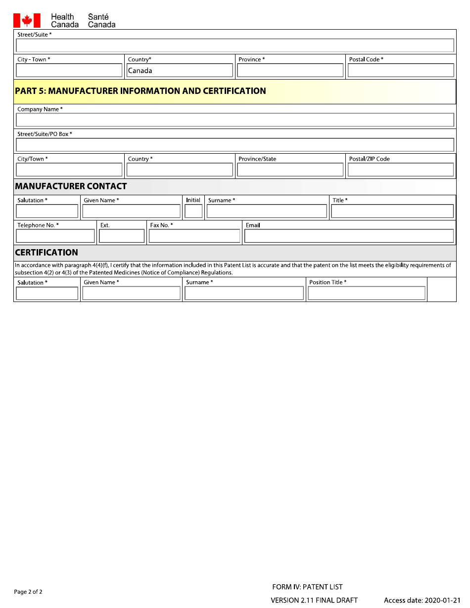 Form IV Patent List - Patented Medicines (Notice of Compliance) Regulations - Canada (English / French), Page 2