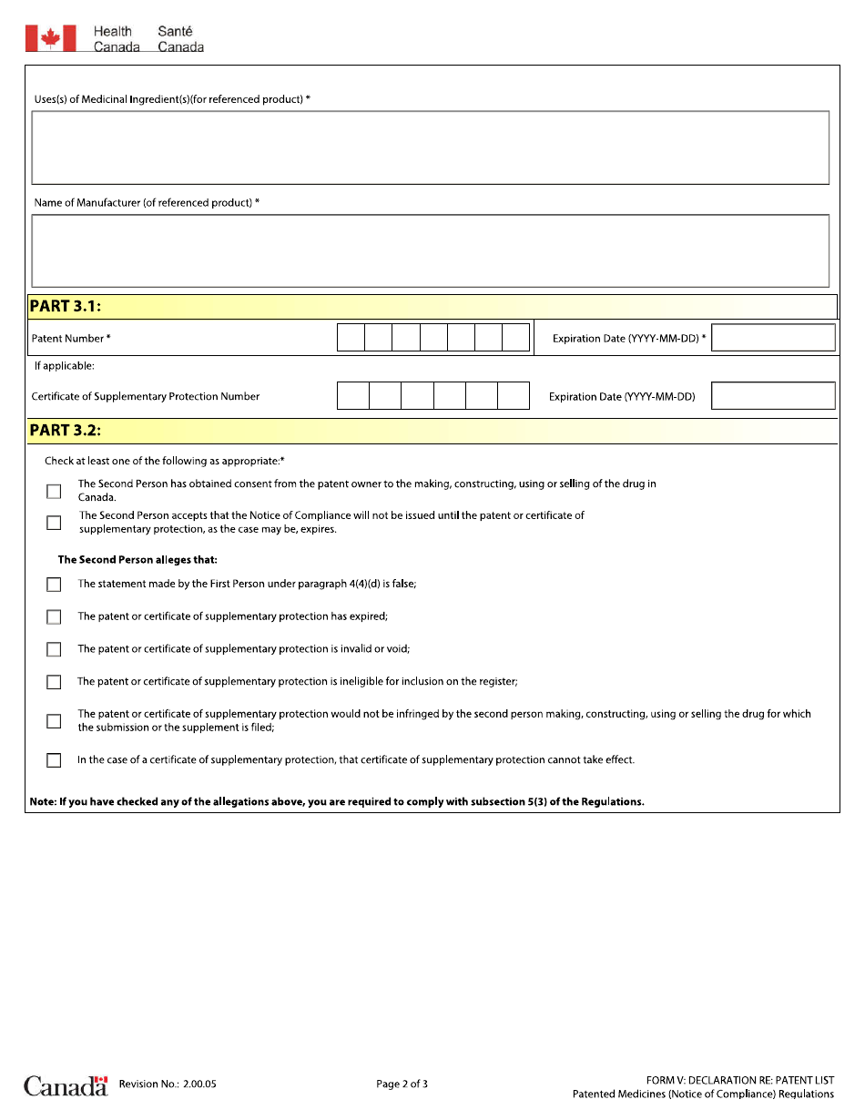 Form V Declaration Re: Patent List Patented Medicines (Notice of Compliance) Regulations - Canada, Page 2