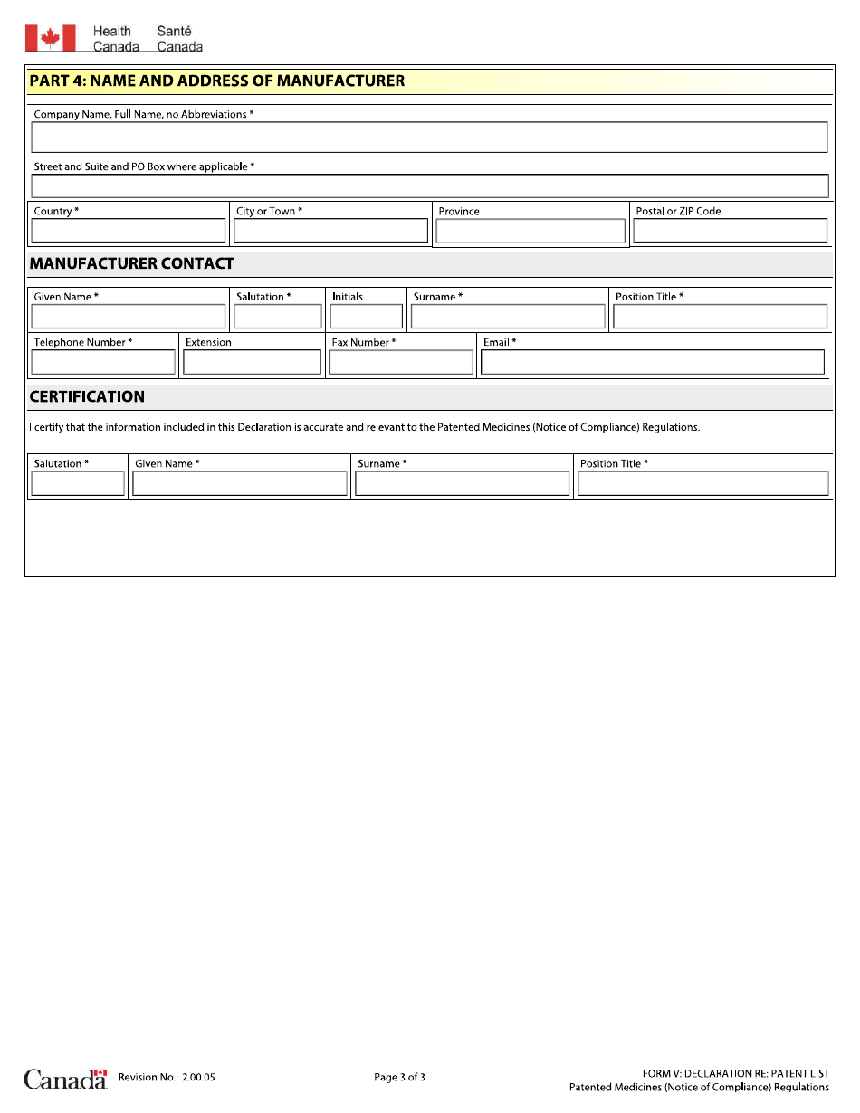 Form V Declaration Re: Patent List Patented Medicines (Notice of Compliance) Regulations - Canada, Page 3