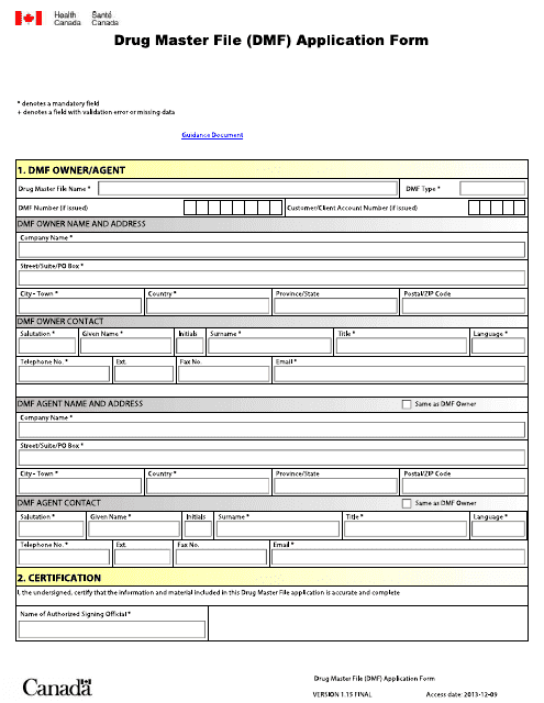 Drug Master File (Dmf) Application Form - Canada (English / French) Download Pdf