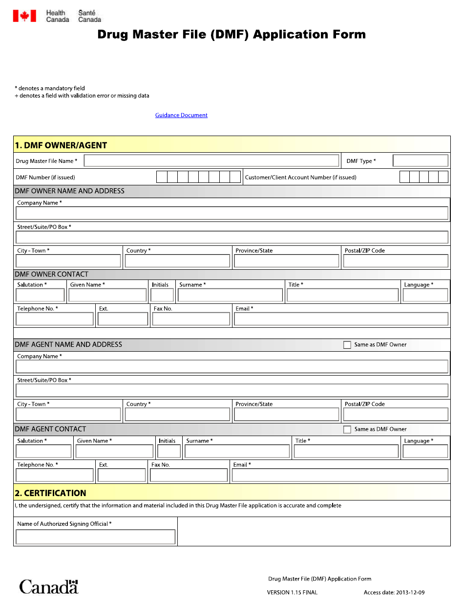 Drug Master File (Dmf) Application Form - Canada (English / French), Page 1