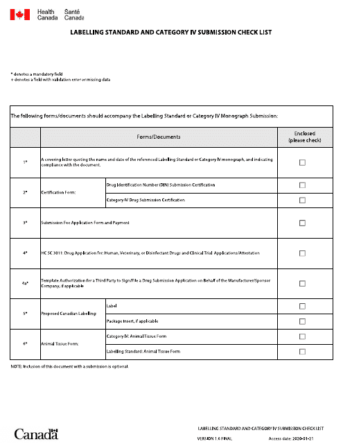 Labelling Standard and Category IV Submission Check List - Canada (English/French)