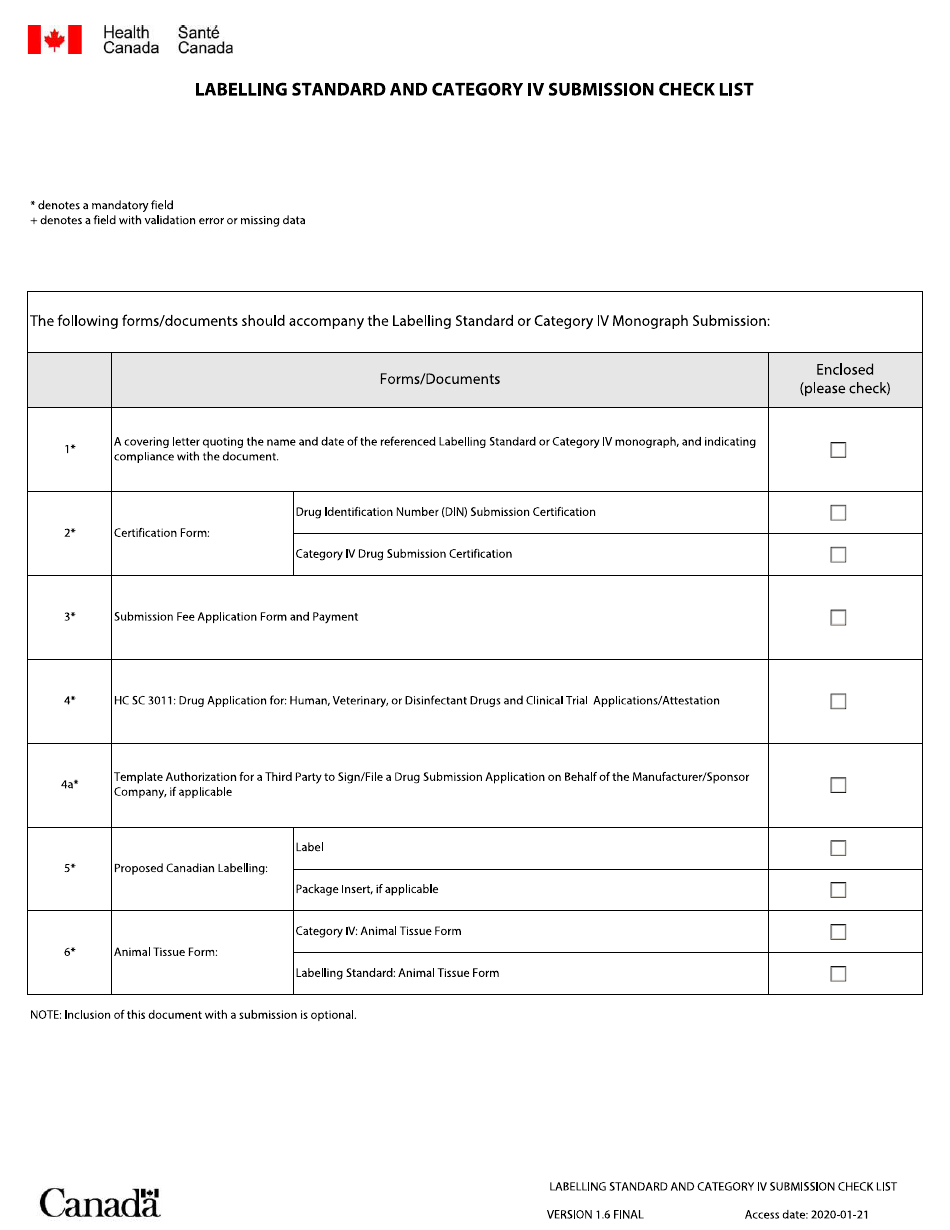 Labelling Standard and Category IV Submission Check List - Canada (English / French), Page 1